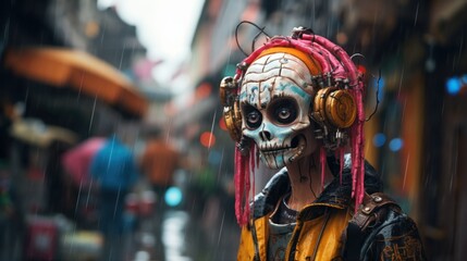 Fototapeta na wymiar Young rebellious cyberpunk city teenager skeleton portrait caricature, wild unwashed colorful hair and latest street fashion with jewelry and beads on a cold rainy day - generative AI