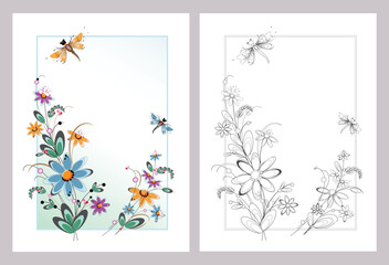 Coloring page with folk style floral ornament for antistress employment (color and monochrome option). Mother's Day, invitation, Birthday, March 8 adults or children greeting card with space for text.