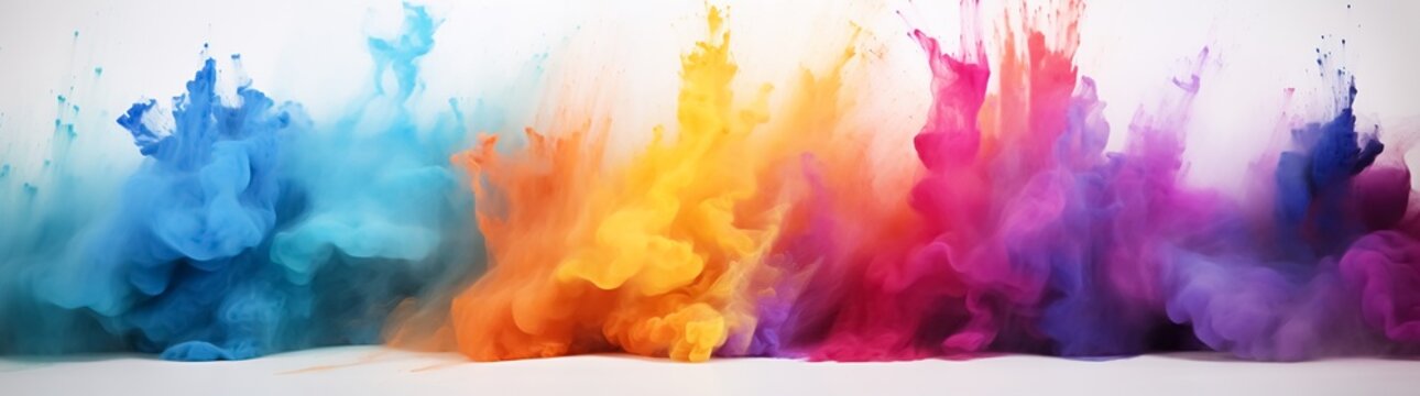 Colorful Rainbow Holi Paint Color Powder Explosion Isolated On White Wide Panorama Background