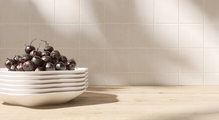 Wood countertop kitchen white cabinet counter, dark cherry on plate stack in sunlight, leaf shadow on white square tile wall for health, cooking, food, drink, kitchenware product display background 3D