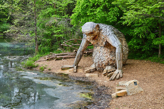 Friendly giant Little Nis staring at dirty pond water while sitting near trees_