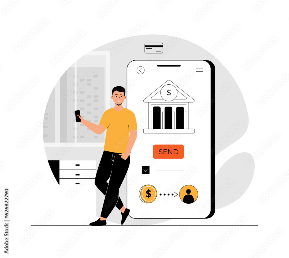 Wall mural mobile banking concept. man makes online payment and doing transaction in phone bank application. il