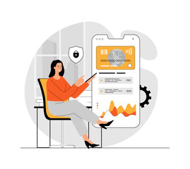 Mobile banking concept. Financial transactions, payments, online banking, money transfers, and bank account. Illustration with people scene in flat design for website and mobile development.