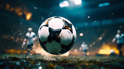 Fototapeta premium Close up of player ready to kicks the ball at the stadium. Soccer player running after the ball. Sports venue in the background