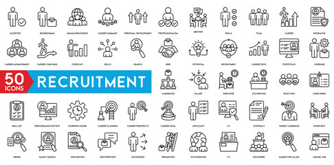 Fototapeta na wymiar Recruitment icon set. Headhunting, career, resume, job hiring, candidate and human resource icons.