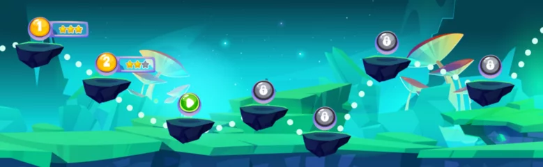Abwaschbare Fototapete Grüne Koralle Arcade game progress map on fantasy forest background. Vector cartoon illustration of floating stone platforms with golden stars and lock icons, giant mushrooms on green land, stars in night sky