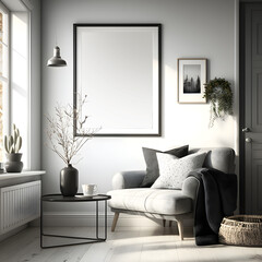 frame mockup in living room , wall art mockup for poster aesthetic look ,poster mockup in living room, by the windows white theme room