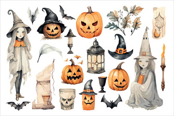 Vintage Halloween illustration with pumpkins, witches, bats and decor elements