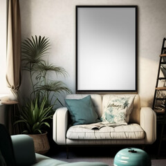 frame mockup in living room with plant by the window, wall art mockup for poster aesthetic look ,poster mockup