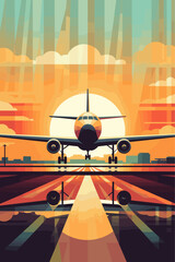 Vector vacation retro style poster with airplane taking off from the airport or landing at the sunset sunrise