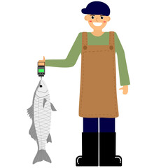male fish seller is holding fish digital scale weight sea bass vector illustration.