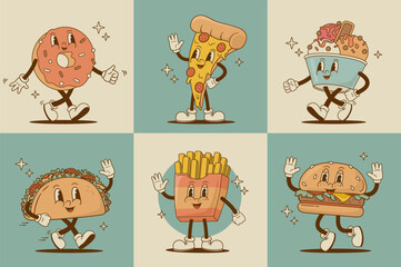 Set of retro cartoon funny fastfood characters. Pizza, burger, french fries, taco, donut, ice cream mascot. Vintage street food vector illustration. Nostalgia 60s, 70s, 80s