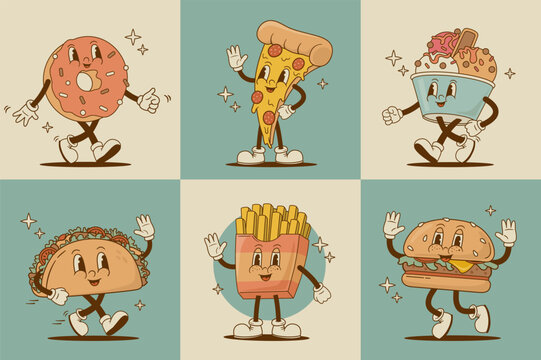 Set of retro cartoon funny fastfood characters. Pizza, burger, french fries, taco, donut, ice cream mascot. Vintage street food vector illustration. Nostalgia 60s, 70s, 80s