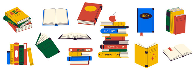 Books collection. Cartoon library of fiction and non fiction books, study and school supply organized and stacked. Vector set