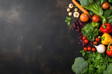 Fresh vegetables on dark background. Healthy food concept. Top view with copy space