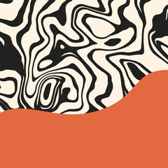 Abstract psychedelic groovy background with black waves and copy space. Liquid marble texture. Square design for social media, cover, print, sale, banner, print, flyer