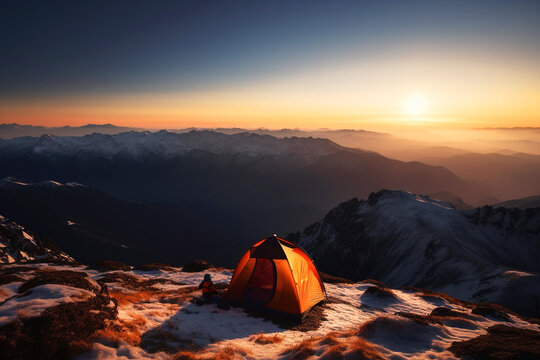 Tienda de campa&ntilde;a en medio de la monta&ntilde;a nevada. Paisaje de monta&ntilde;a en invierno en las alturas. Acampada en la monta&ntilde;a en la nieve. Generative ai.