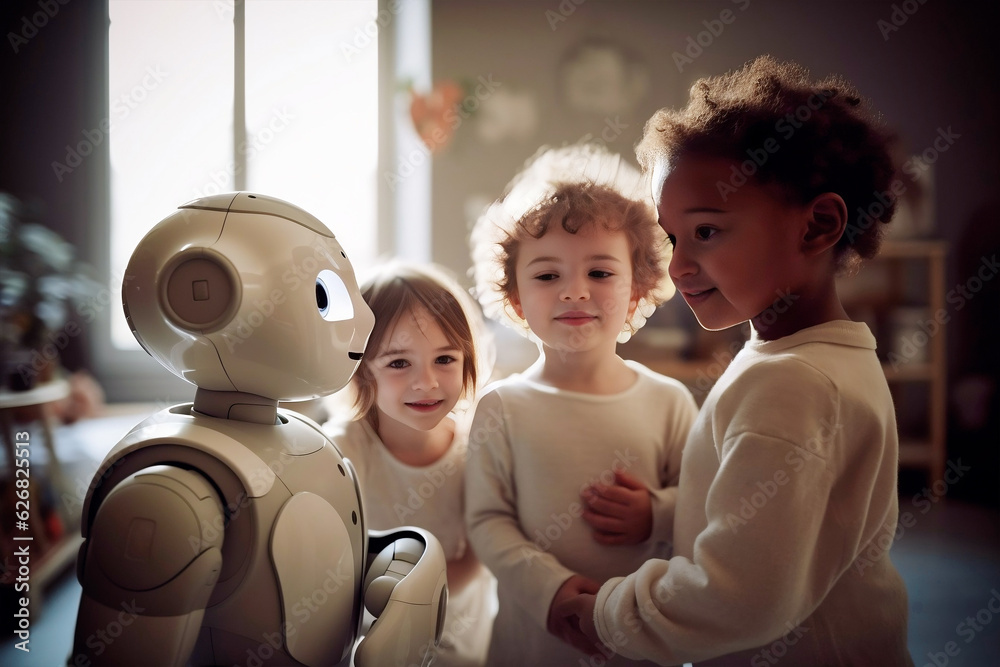 Wall mural small children with artificial intelligence android robots. generative ai illustration