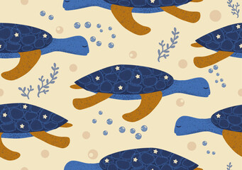 Sea turtle vector pattern with beautiful detail, modern vintage look