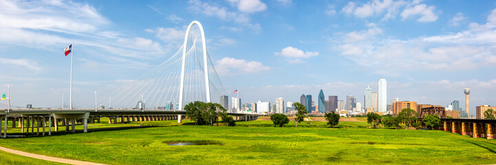 Dallas skyline at Trinity River and Margaret Hunt Hill Bridge panorama in Texas, United States