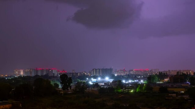 Cityscape in the Storm: Night Thunder and Lightning. Time Lapse