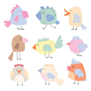 Set of cute cartoon birds in pastel colors on white background. Vector illustration.