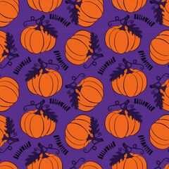 Pumpkins Halloween pattern orange and purple color, lettering, inscription. Doodle hand drawn.
