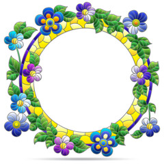 Illustration in stained glass style with flower wreath, flower frame isolated on a white background