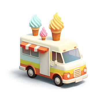 Ice Cream Van Isometric Low Poly Icon. Colorful design element for summer events, or anything that involves sweet treats and cheerful vibes. Isolated on white background.
