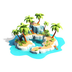 Tropical Island Isometric Low Poly Icon with Green Palms in the Middle of the Ocean. Colorful design element for summer vacation project. Isolated on white background.