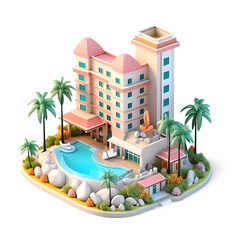 Tropical Hotel Isometric Low Poly Icon with Green Palms on the Tropical Beach. Colorful design element for summer vacation project. Isolated on white background.