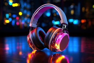 Neon Headphones. Neon Light Headphones Isolated on a Bokeh Background. DJ. Music. Audio. Sound. Background With a Copy Space. Brilliant. Made With Generative AI.