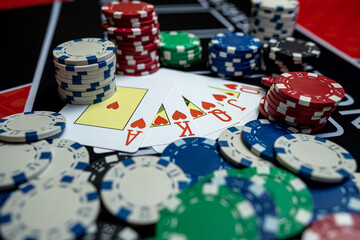 Black casino table with card and chips for game. Win and fortune