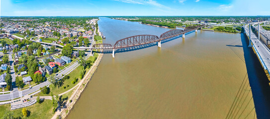 Panorama large river with suspension truss bridges both sides Ohio River aerial
