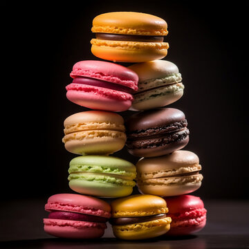 multicolored macarons, black background. AI generated image