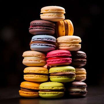 multicolored macarons, black background. AI generated image