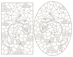 Set of contour illustrations in the style of stained glass with cartoon cute dragons, dark outlines on a white background