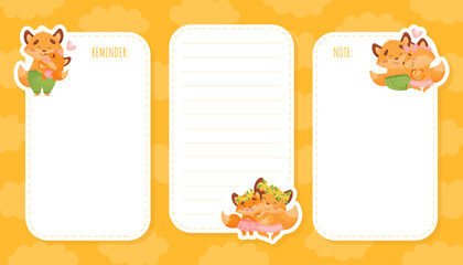 Fototapeta premium Empty Note Card with Happy Fox Family with Mother, Father and Little Cub Vector Template