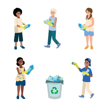 Boys and girls of different nationalities help clean up plastic trash. Child upbringing. Take care of the environment. Sorting, recycling and waste disposal. Set vector illustration isolated on white