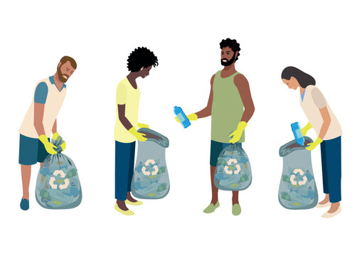 Man and woman volunteers put plastic garbage into garbage bags. Take care of the environment. Sorting, recycling and waste disposal. Set vector illustration isolated on white background.
