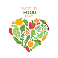 World food day poster with vegetables in a shape of a heart with text above. Nutrition, healthy diet print. Vegetarian, vegan day.