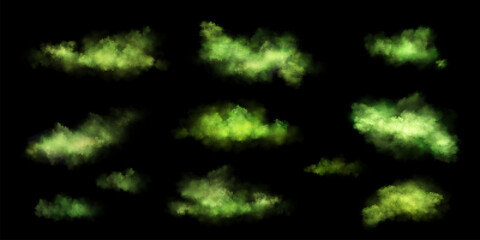 Toxic cloud with green poison stink smoke fog effect set. Bad fart smell realistic vector floating mist. 3d halloween vapor gases illustration isolated on black background. Potion abstract spray - obrazy, fototapety, plakaty