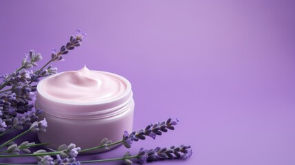 Obraz na płótnie Canvas Natural lavender cosmetic cream. Moisturizer with lavender on purple background