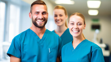 Smiling medical professionals on a hospital. 3 nurses in a doctor's office. Generative AI