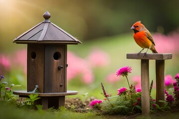 A Tiny Bird at Its Charming Birdhouse