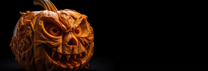 Halloween scary pumpkin with fire, dark background. AI generated.