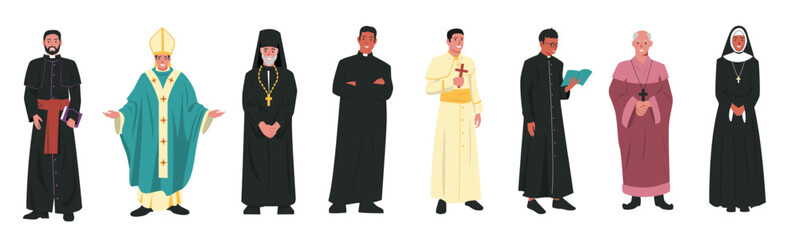 Catholic church characters. Christian religion church leaders in different clothes, catholicism religious clergyman pastor priest pope. Vector cartoon set - obrazy, fototapety, plakaty