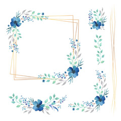Floral Frame Collection. Set of cute blue watercolor flowers for wedding invitations and birthday cards - 626828997