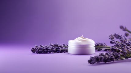 Natural lavender cosmetic cream. Moisturizer with lavender on purple background