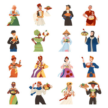 Gastronomic Tourism with People Character Holding Authentic Dish of Native Cuisine Vector Illustration Big Set